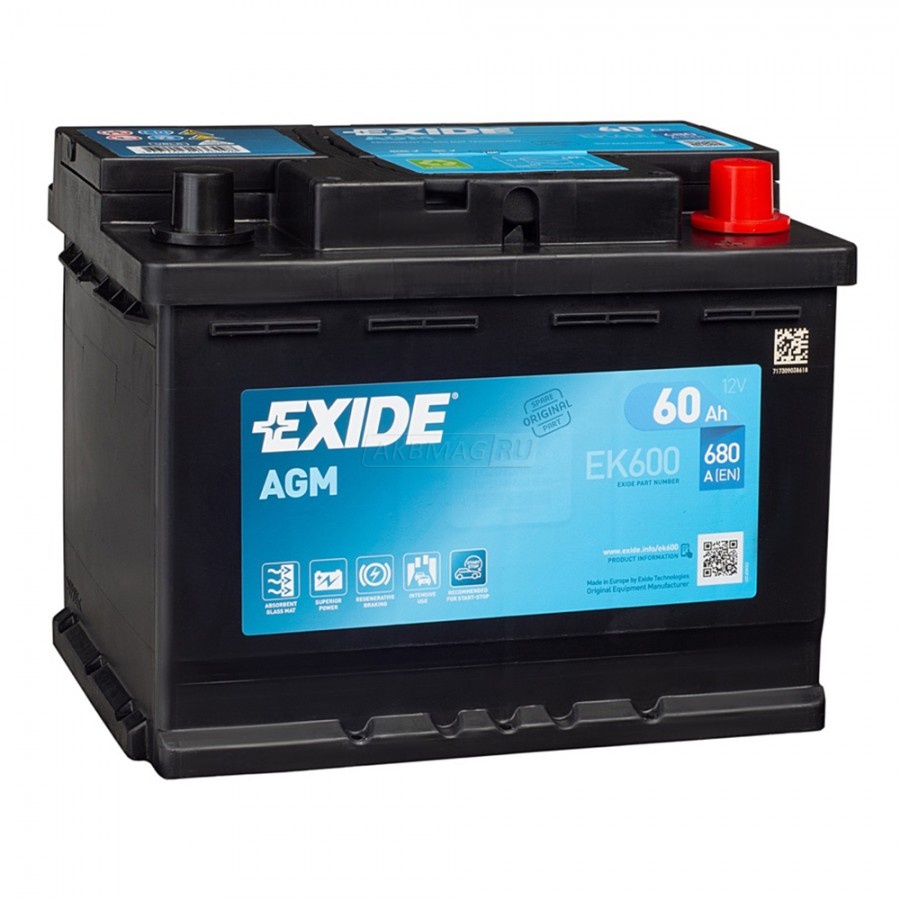 Аккумулятор автомобильный EXIDE Start-Stop AGM 60R EK600 680 А обр. пол. 60  Ач